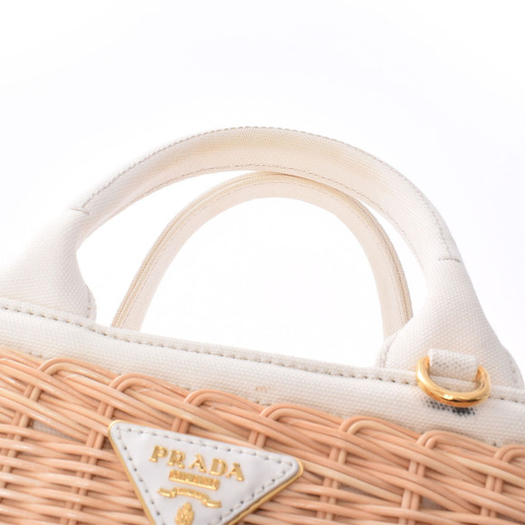 Prada Basket Brown Ivory White Wicker Canvas Bag - Picture 5 of 9